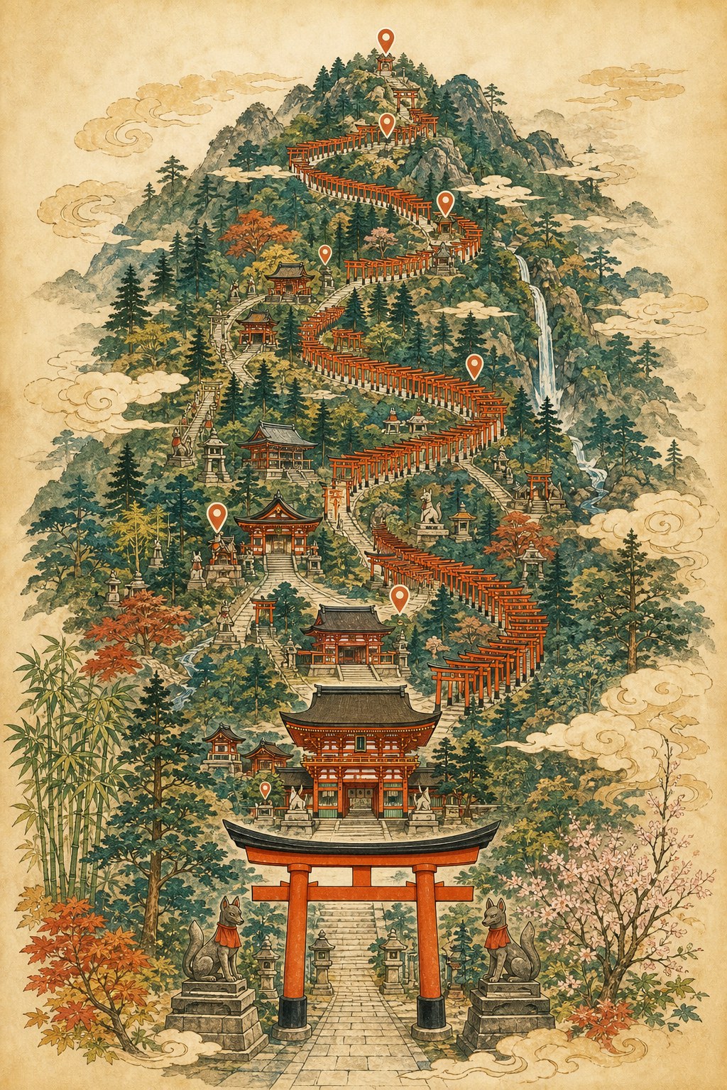 Decorative illustrated overview of Fushimi Inari Taisha and Mount Inari